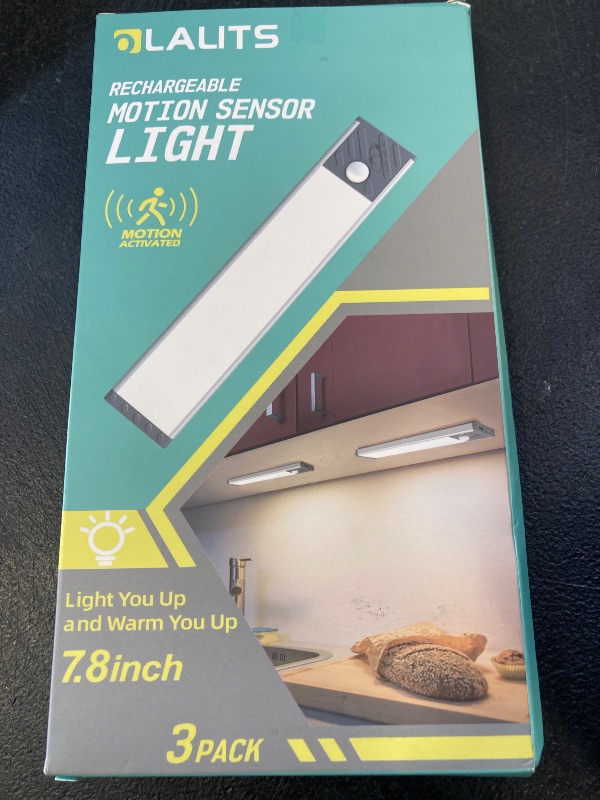 Photo 1 of Under Cabinet Lighting, Equipped with Motion Sensor, Rechargeable Battery Operated?3-Level Adjustable Brightness, 3 Pack Magnetic Under Counter Lights for Kitchen, Closet, Pantry, 7.8"