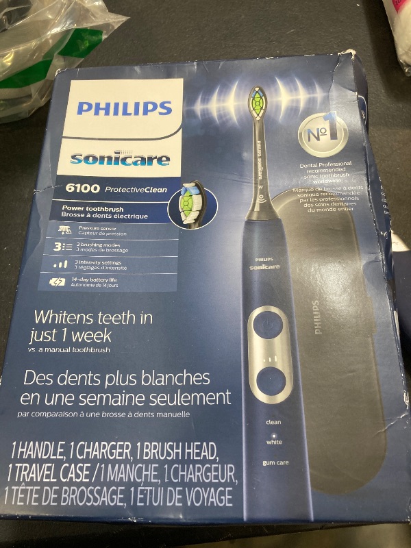 Photo 1 of Philips Sonicare ProtectiveClean 6100 Rechargeable Electric Toothbrush, with Pressure Sensor, 3 Cleaning Modes, SmarTimer and QuadPacer, 14-Day Battery Life, Travel Case, Navy Blue, Model HX6871/49