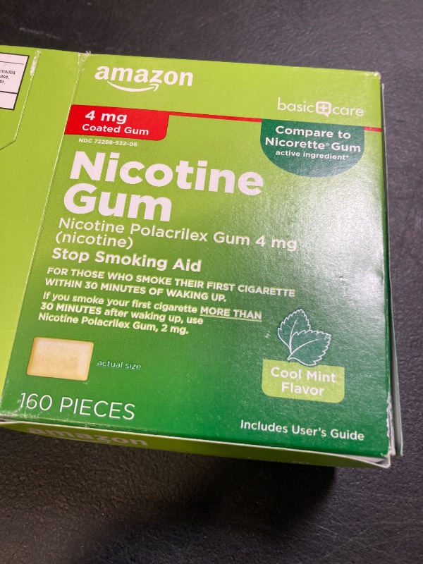 Photo 1 of Amazon Basic Care Nicotine Polacrilex Coated Gum 4 mg (nicotine), Cool Mint Flavor, Stop Smoking Aid, 160 Count
Exp 09/2026