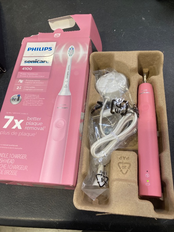 Photo 1 of Philips Sonicare 4100 Rechargeable Electric Toothbrush, with Pressure Sensor, 2 Intensity Settings, SmarTimer and QuadPacer, 14-Day Battery Life, Deep Pink, Model HX3681/26