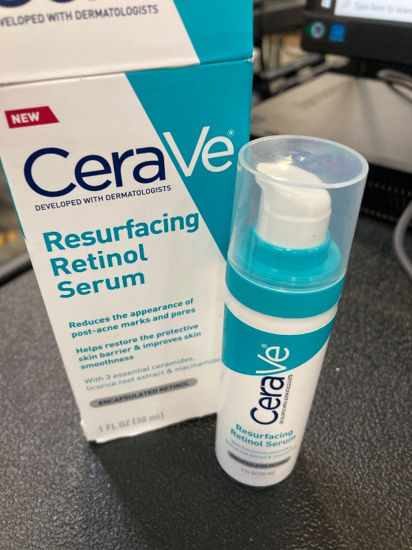 Photo 1 of CeraVe Resurfacing Retinol Serum For Post Acne Marks, Formulated With Licorice Root Extract & Niacinamide, Brightening Serum & Pore Minimizer For Face, Post Acne Skin Barrier Repair, Non-Comedogenic
