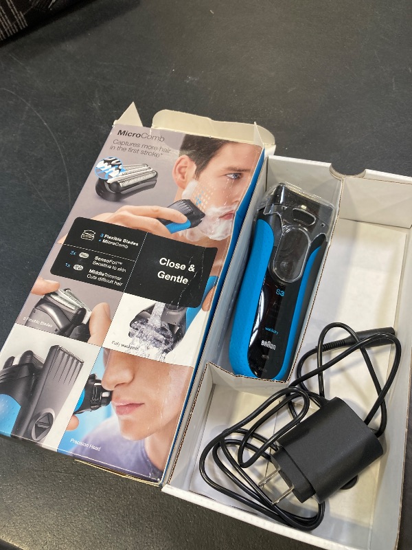 Photo 1 of Braun Electric Series 3 Razor with Precision Trimmer, Rechargeable, Wet & Dry Foil Shaver for Men, Blue/Black, 4 Piece