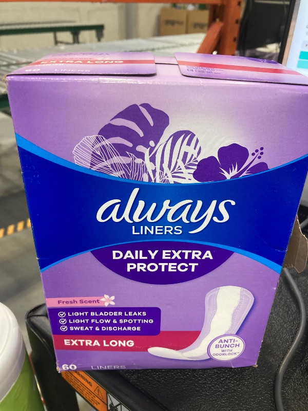 Photo 1 of Always Daily Extra Protect Liners, Extra Long Length, Scented Panty Liners, Feel Clean and Comfortable for up to 10 Hours, 60 Count (Packaging May Vary)
