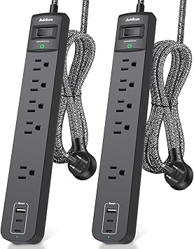 Photo 1 of 2 Pack Power Strip Surge Protector - 5 Widely Spaced Outlets 3 USB Charging Ports, 1875W/15A with 6Ft Braided Extension Cord, Flat Plug, Overload Surge Protection, Wall Mount for Home Office