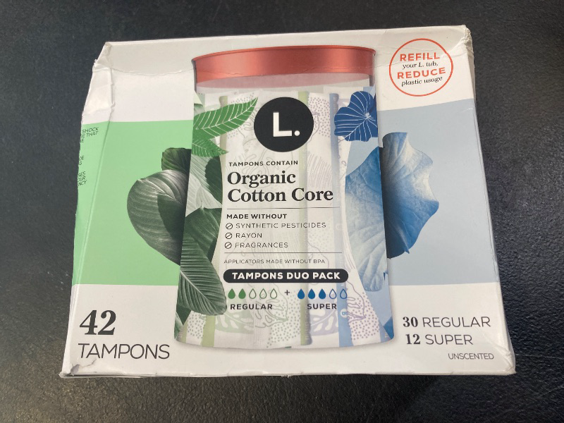 Photo 1 of L. Cotton Tampons Regular/Super Absorbency Multipack, Contains an Organic Cotton Core, Made Without Synthetic Pesticides, or Fragrances 84 Count (Packaging May Vary)