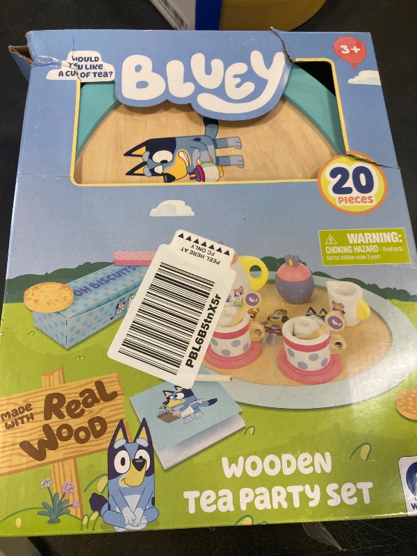 Photo 1 of Bluey Wooden Tea Party Set – 18 PC Pretend Play Set with Tray, Teapot, Tea Cups, Biscuits, Sugar Pot, Notepad & Pencil- Durable, Eco-Friendly FSC Certified Wood – Imaginative Role Play Toy for Kids 3+