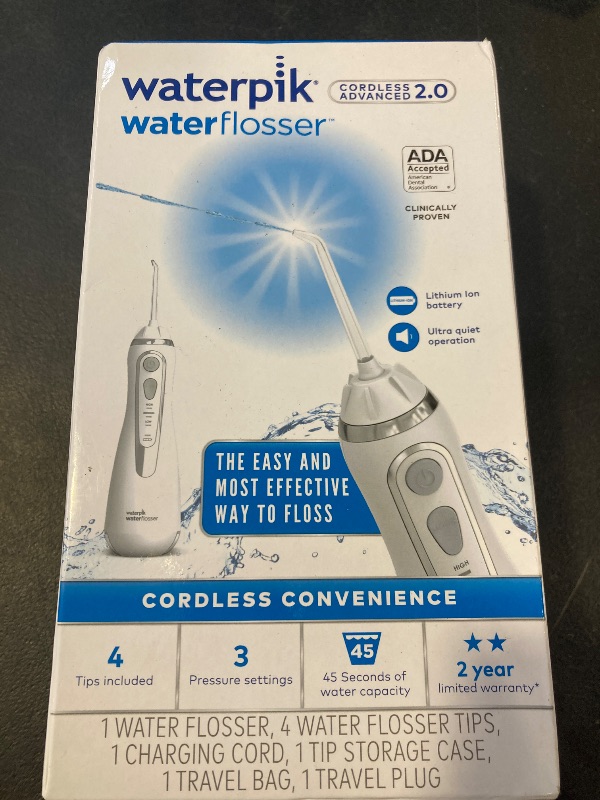 Photo 1 of Waterpik Cordless Advanced 2.0 Water Flosser For Teeth, Gums, Braces, Dental Care With Travel Bag and 4 Tips, ADA Accepted, Rechargeable, Portable, and Waterproof, White WP-580, Packaging May Vary