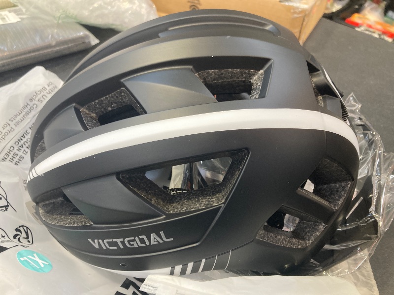 Photo 1 of VICTGOAL Bike Helmet with USB Rechargeable Rear Light Detachable Magnetic Goggles Removable Sun Visor Mountain & Road Bicycle Helmets for Men Women Adult Cycling Helmets (XL: 59-63 cm, Black White)