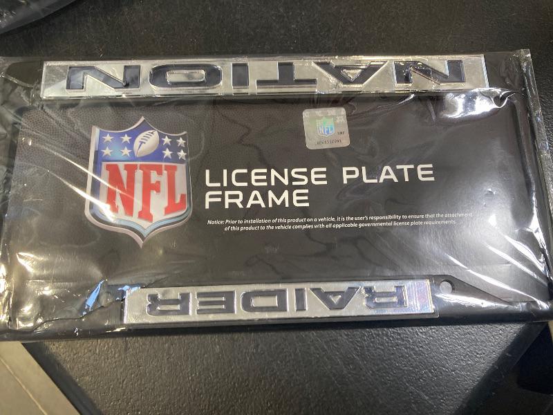 Photo 1 of Rico Industries NFL Las Vegas Raiders Black Black Laser Cut Chrome Frame 12" x 6" 12" x 6" Black Laser Cut Chrome Frame - Car/Truck/SUV Automobile Accessory