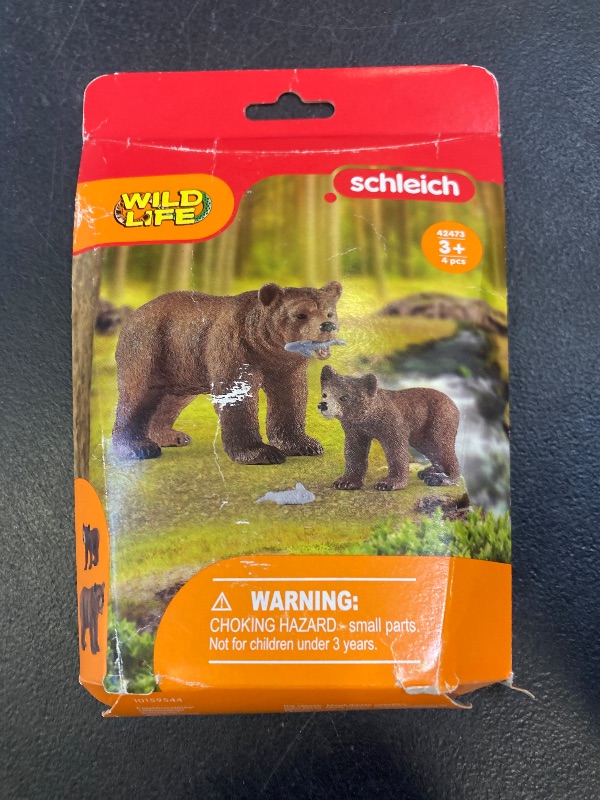Photo 1 of Schleich Wild Life - 4 PC Grizzly Bear Figure Toy Playset - Realistic Mom and Baby Brown Bear Cub Figurine with Fish for Kids and Toddlers - Educational Animal Toys for Boys and Girls Ages 3+ - 42473