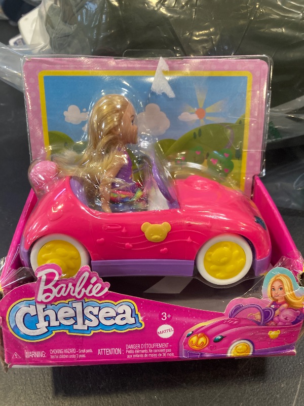 Photo 1 of Barbie Chelsea Toy Car Set with Bear-Themed Convertible & Teddy Bear Accessory, Blonde Small Doll Wears Removable Skirt & Shoes