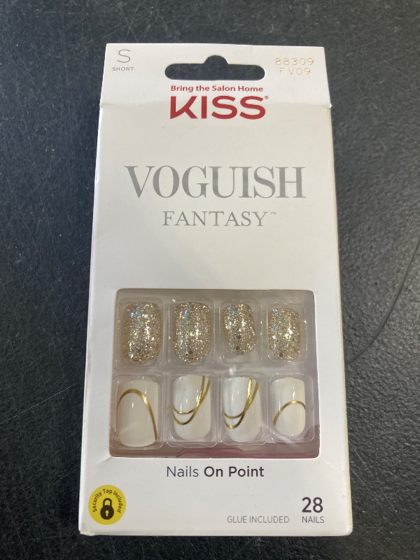 Photo 1 of KISS Voguish Fantasy Nails – Glam and Glow, White & Glittery, Short Length, Square Shape, Ready To Wear, No Damage/No Dry Time, Waterproof, Smudge Proof, Shine| 28 Count
