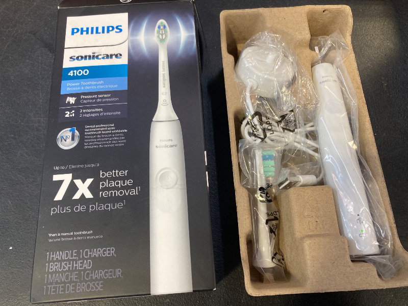 Photo 1 of Philips Sonicare 4100 Rechargeable Electric Toothbrush, with Pressure Sensor, 2 Intensity Settings, SmarTimer and QuadPacer, 14-Day Battery Life, White, Model HX3681/23