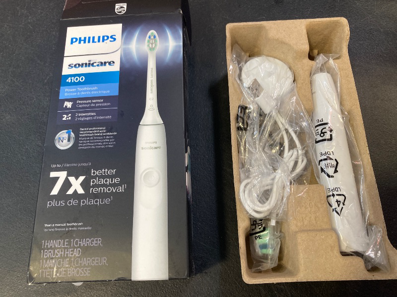 Photo 1 of Philips Sonicare 4100 Rechargeable Electric Toothbrush, with Pressure Sensor, 2 Intensity Settings, SmarTimer and QuadPacer, 14-Day Battery Life, White, Model HX3681/23