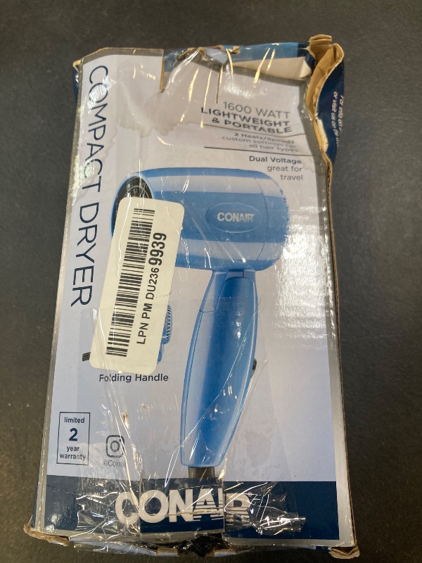 Photo 1 of Conair Travel Hair Dryer with Dual Voltage, 1600W Compact Hair Dryer with Folding Handle, Travel Blow Dryer