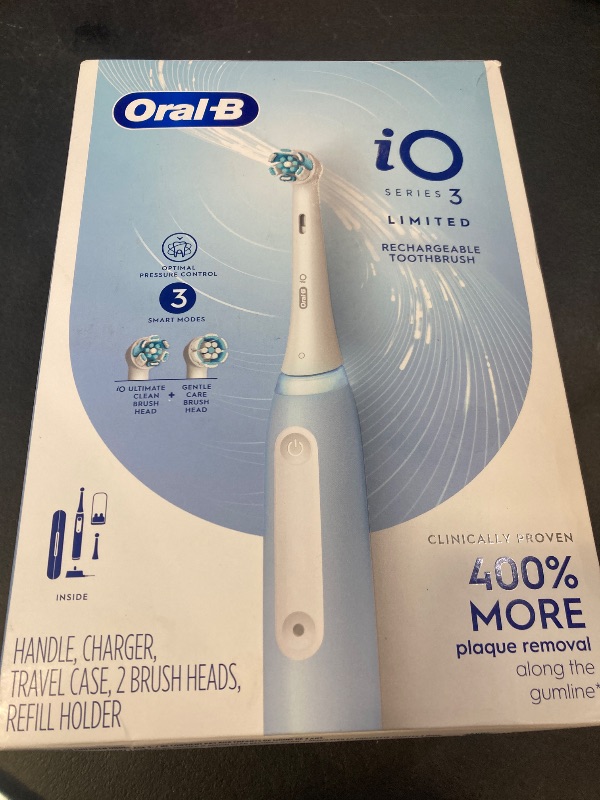 Photo 1 of Oral-B iO Deep Clean Rechargeable Electric Powered Toothbrush, Icy Blue with iO Series 3 Limited, 2 Brush Heads and Travel Case - Pressure Sensor to Protect Gums - 3 Cleaning Settings - 2 Minute Timer