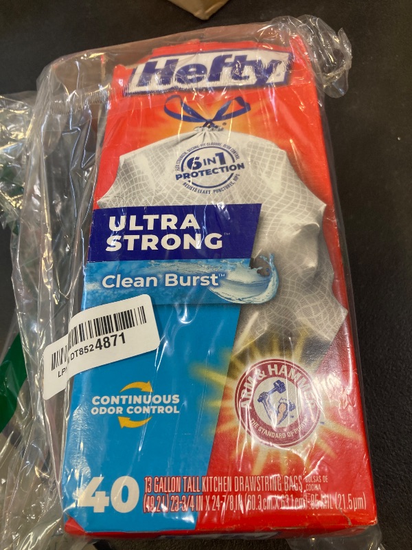 Photo 1 of Hefty Ultra Strong 13 Gallon Trash Bags, Tall Kitchen Trash Bags 13 Gallon Size, Drawstring Closure, Continuous Odor Control, White, Clean Burst Scent, 40 Bags