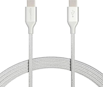 Photo 1 of Amazon Basics USB-C to USB-C 2.0 Fast Charger Cable, Nylon Braided Cord, 480Mbps Speed, USB-IF Certified, for Apple iPhone 16/15, iPad, Samsung Galaxy, Tablets, Laptops, 10 Foot, Silver