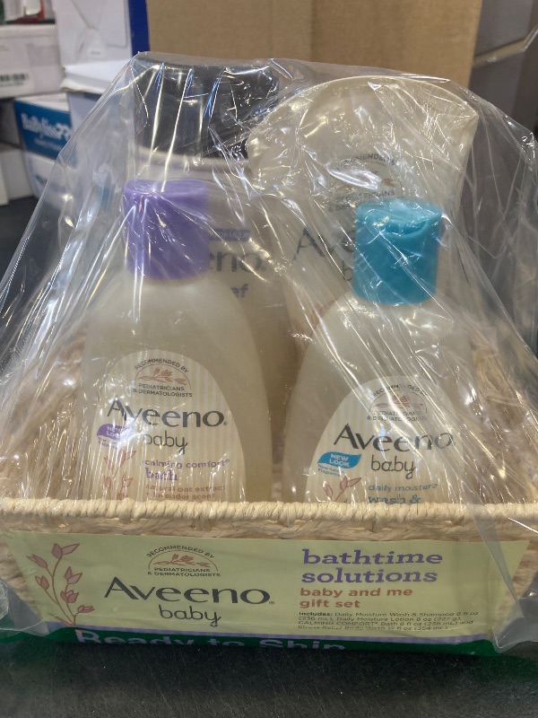 Photo 1 of Aveeno Baby Mommy & Me Daily Bath time Gift Set Including Baby Wash & Shampoo, Calming Baby Bath & Wash, Baby Moisturizing Lotion & Stress Relief Body Wash for Mom, 4 Items