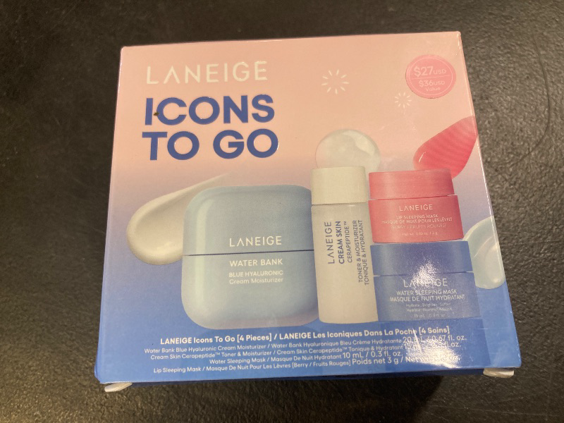 Photo 1 of LANEIGE Icons To Go Set: Cream Skin, Water Bank Cream, Lip Sleeping Mask, Water Sleeping Mask, Travel Size, Full Size, Hydrate, Barrier-Boosting