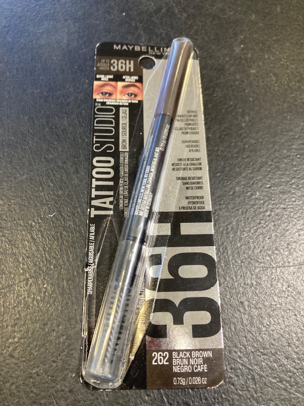 Photo 1 of Maybelline TattooStudio Waterproof Eyebrow Pencil, Sharpenable, Longwear, Long Lasting, Pigmented Eyebrow Pencil for Defined Brows, Black Brown, 1 Count