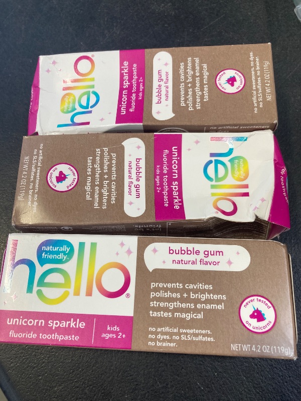 Photo 1 of hello Unicorn Sparkle Kids Fluoride Toothpaste, Natural Bubble Gum Flavor, ADA Approved, Ages 2+, No Artificial Sweeteners, No SLS, Gluten Free, Vegan, Pack of 3, 4.2 oz Tubes