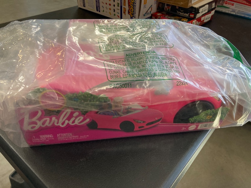 Photo 1 of Barbie Toy Car, Bright Pink Doll-Sized Convertible with 2 Seats, Seatbelts & Rolling Wheels, Realistic Details