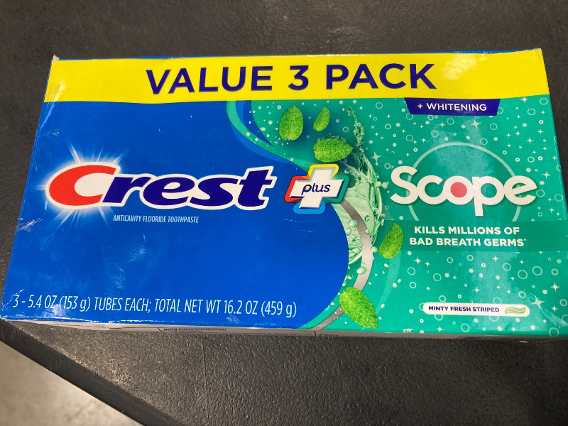 Photo 1 of Crest +  Whitening Toothpaste - Pack of 3, 5.4 Oz Tubes - Anticavity Fluoride Toothpaste, Fresh Breath, Kills Germs - Tartar Protection, Enamel Protection - Minty Fresh Flavor