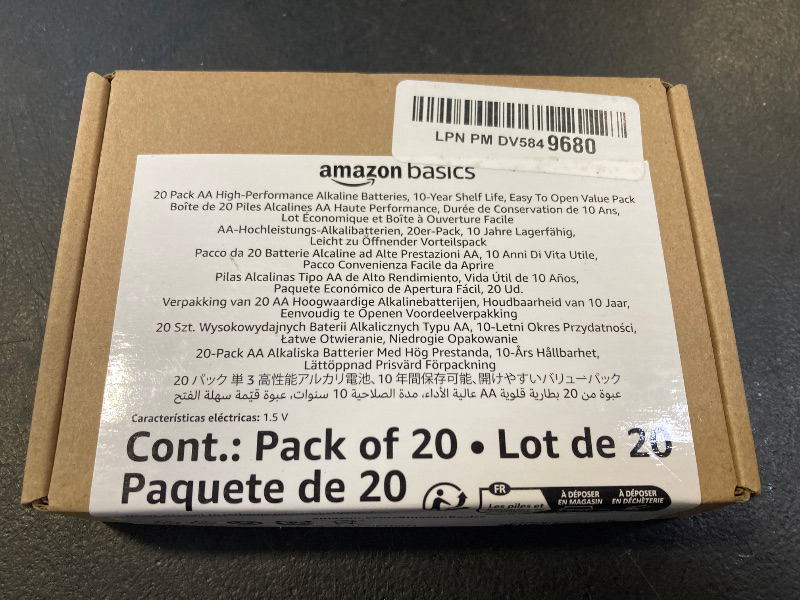 Photo 1 of Amazon Basics 20-Pack AA Alkaline High-Performance Batteries, 1.5 Volt, 10-Year Shelf Life
