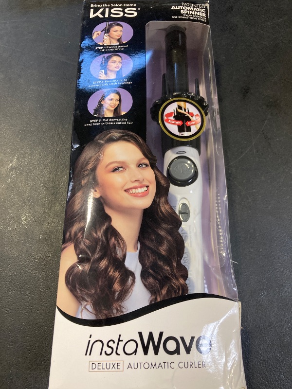 Photo 1 of KISS Instawave Deluxe Automatic Rotating Curling Iron, Patented Automotic Spinner, 2-Way Rotation, 1” Ceramic Ionic Wand, Dual Heat Settings, 420° Max Temperature, Black & White