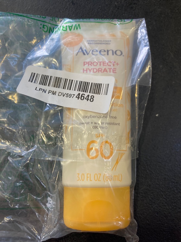 Photo 1 of Aveeno Protect + Hydrate Moisturizing Body Sunscreen Lotion with Broad Spectrum SPF 60 & Prebiotic Oat, Weightless & Refreshing Feel, Paraben-Free, Oil-Free, Oxybenzone-Free, 3.0 fl. oz