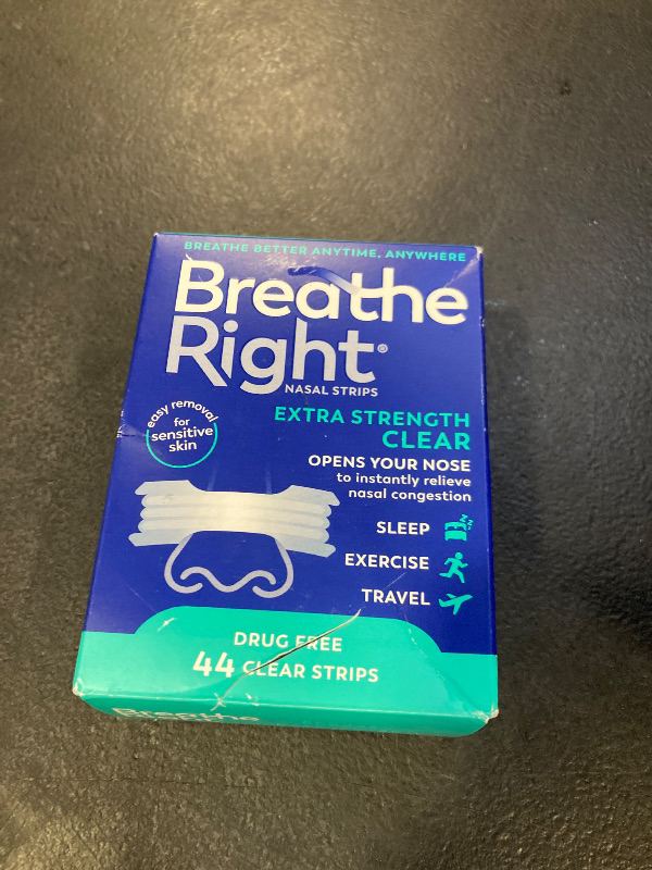 Photo 1 of Breathe Right Nasal Strips | Extra Strength | Clear | For Sensitive Skin I Drug-Free Snoring Solution & Nasal Congestion Relief Caused by Colds & Allergies | 44 Count (Packaging May Vary)
