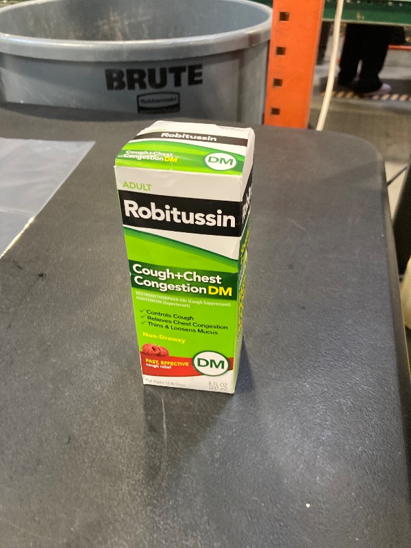 Photo 1 of Robitussin Cough and Chest Congestion DM, Cough Suppressant and Expectorant, Raspberry Flavor - 8 Fl Oz Bottle exp- 12/2025