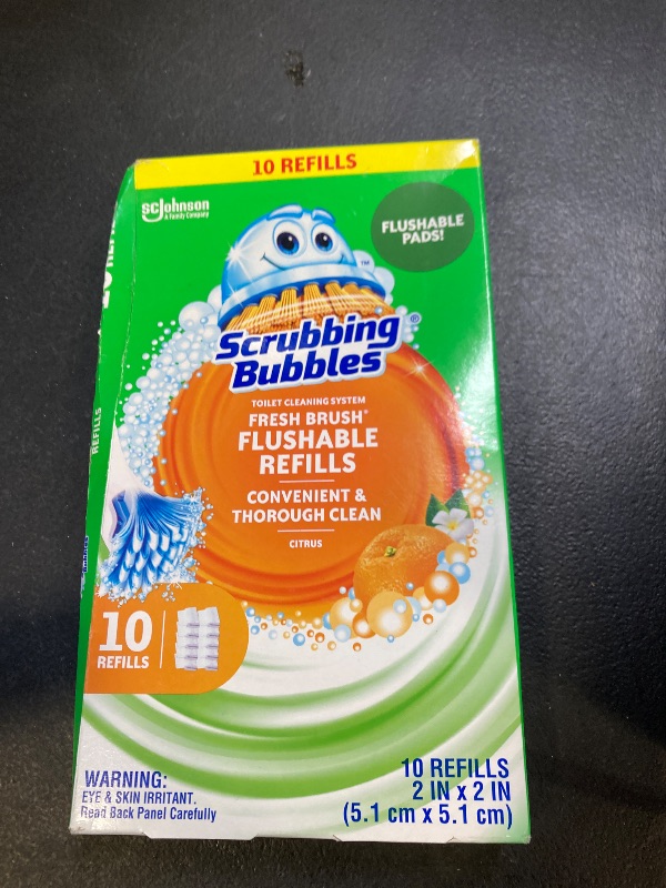 Photo 1 of Scrubbing Bubbles Flushable Toilet Bowl Wand Cleaner Refills, Fresh Brush Cleaner Toilet Refill Pads, Removes Limescale & Odors, Citrus Scent, 10 Count (Pack of 1)