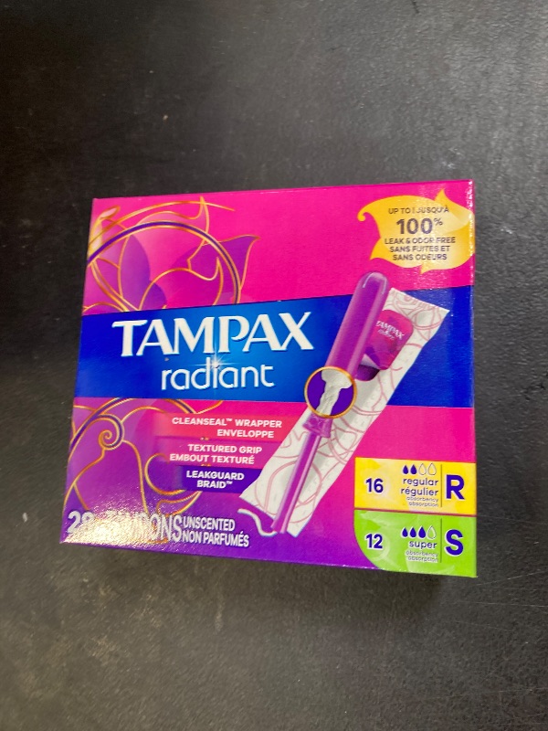 Photo 1 of Tampax Radiant Tampons Multipack With Leakguard Braid, Regular/Super Absorbency, With Leakguard Braid, Unscented, 28 Count