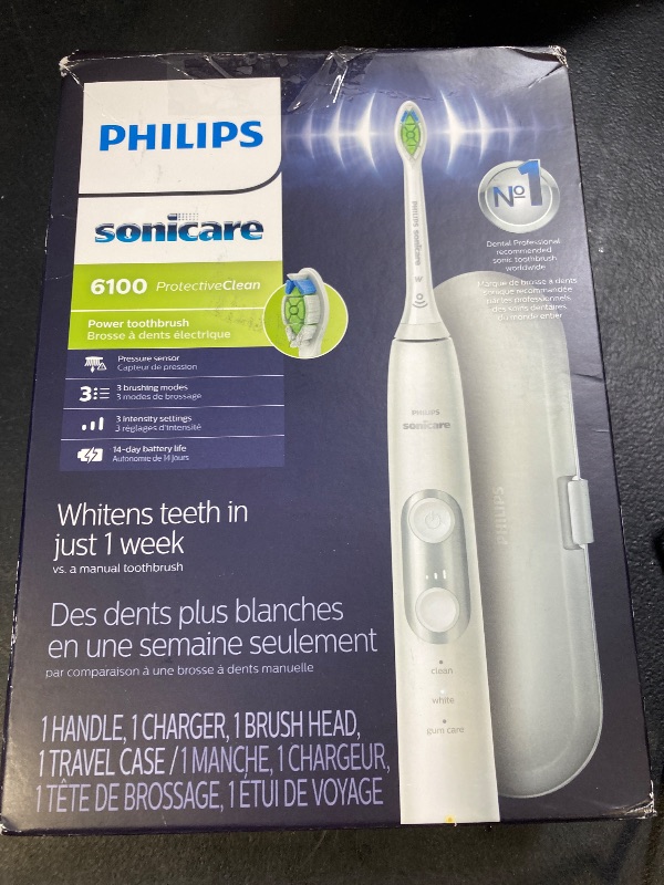 Photo 1 of PHILIPS Sonicare ProtectiveClean 6100 Rechargeable Electric Toothbrush, with Pressure Sensor, 3 Cleaning Modes, SmarTimer and QuadPacer, 14-Day Battery Life, Travel Case, White, Model HX6877/21