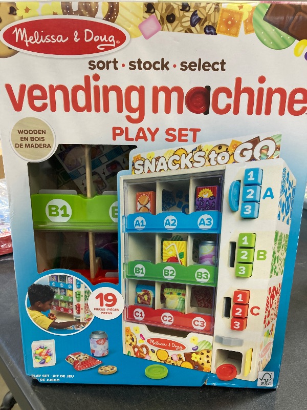 Photo 1 of Melissa & Doug Sort, Stock, Select Wooden Vending Machine Play Set, Wooden Toy Play Food for Boys and for Girls 3+