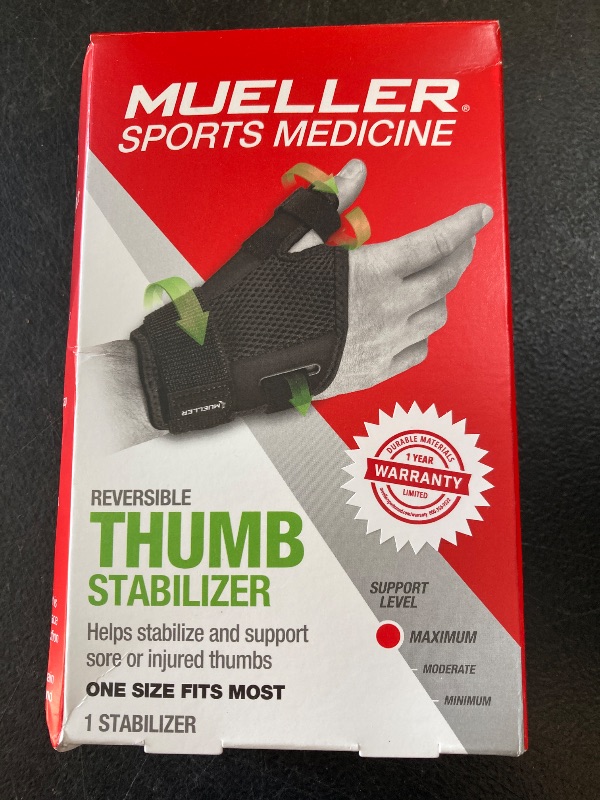 Photo 1 of MUELLER Sports Medicine Adjust-to-Fit Thumb Brace, Spica Splint, Thumb Pain Relief Stabilizer for Men and Women, Ideal for De Quervain's Tenosynovitis, Arthritis, Sprains, Fits Right or Left, Black, One Size
