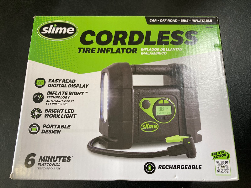 Photo 1 of Slime 40080 Cordless Tire Inflator, Rugged Portable Air Compressor Pump with Auto Shut Off, Lithium Ion Battery and LED Light, Rechargeable