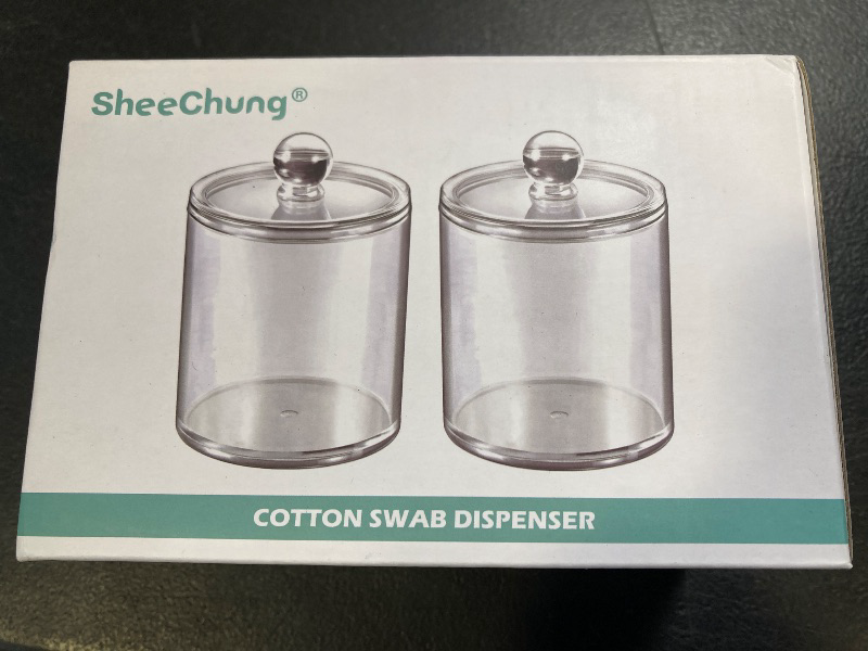 Photo 1 of SheeChung 2 Pack Qtip Dispenser Apothecary Jars Bathroom with Labels - Qtip Holder Storage Canister Clear Plastic Acrylic Jar for Cotton Ball, Cotton Swab, Q-tips, Cotton Rounds (Small)