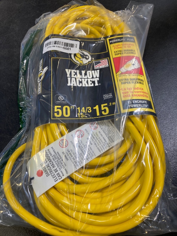Photo 1 of Yellow Jacket Medium Duty Extension Cord, 50Ft, 14 Gauge, 3 Conductor, Lighted End, Weather Resistant, SJTW, Yellow, 2887