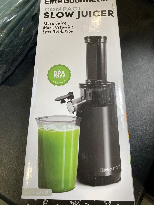 Photo 1 of Elite Gourmet EJX600 Compact Small Space-Saving Masticating Slow Juicer Cold Press Juice Extractor, Nutrient and Vitamin Dense, BPA-Free Tritan, Easy to Clean, 16 oz Juice Cup, Charcoal Grey