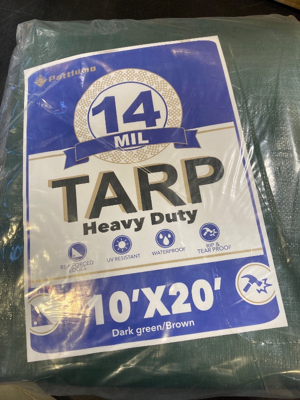 Photo 1 of Pattiumo Tarp Waterproof 10' X 20', 14 Mil Heavy Duty Tarps Waterproof Multipurpose Protective Cover Large Tarp UV All Weather Resistant for Shelter Camping, Green/Brown