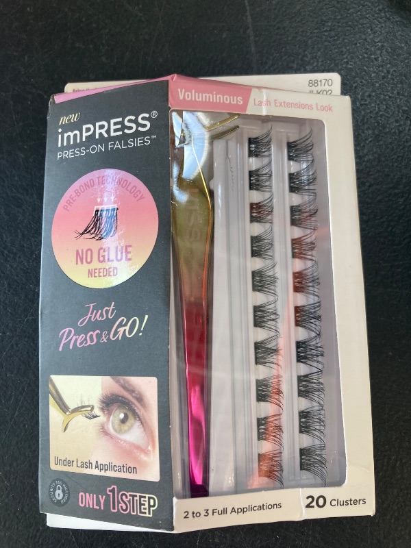 Photo 1 of KISS imPRESS Falsies Self Adhesive Eyelashes, Press On Lashes, 12mm-14mm Glam Volume Lashes, Black, No Glue Needed, Invisible Band, 36 Lash Clusters & Non-Stick Applicator - Voluminous