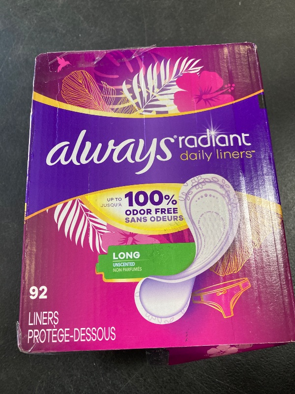 Photo 1 of Always Radiant Daily Liners Light Absorbency, Long Length, Up to 100% Odor Free and Fragrance Free, with Edge-2-Edge Adhesive, 92 Count