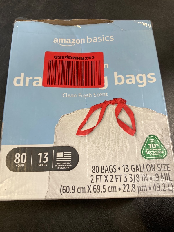 Photo 1 of Amazon Basics 13 Gallon Tall Kitchen Drawstring Trash Bags, Clean Fresh Scent, 10% Post Consumer Recycled, 80 count