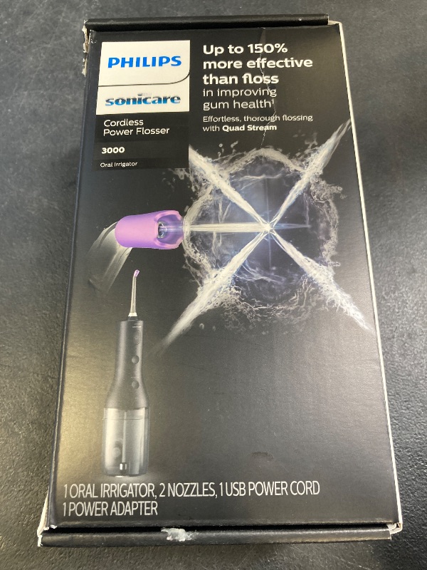 Photo 1 of Philips Sonicare Cordless Power Flosser 3000, Water Flosser with Innovative Quad Stream Technology, Oral Irrigator with 2 Flossing Modes and 3 Intensity Levels, Ergonomic Design, Black, HX3826/23