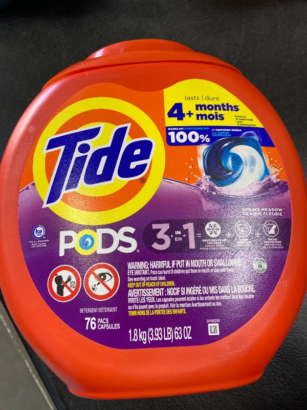 Photo 1 of Tide PODS laundry detergent pacs, 3-in-1 Stain Remover, Odor Fighter, Color Protector, 76 Count, HE compatible, Spring Meadow Scent