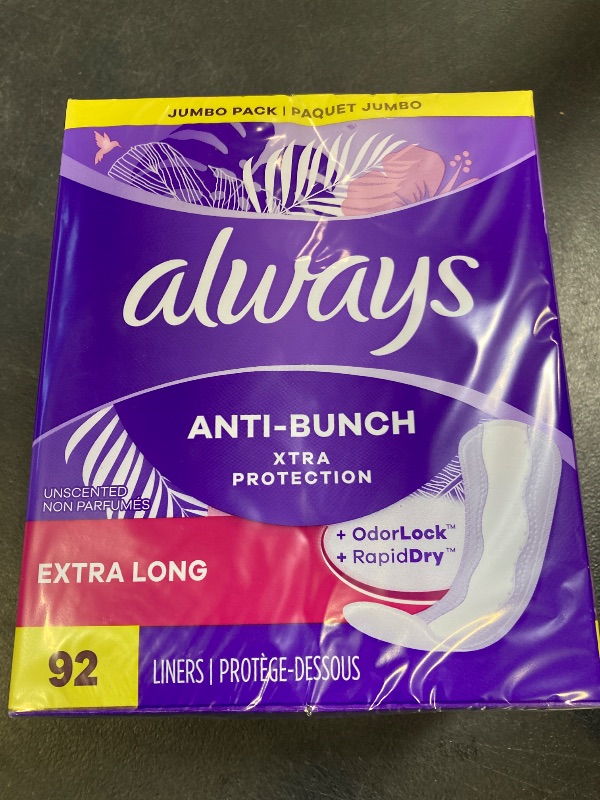 Photo 1 of Always Anti-Bunch Xtra Protection, Panty Liners for Women, Light Absorbency, Extra Long Length, Leak guard + Rapid dry, Unscented, 92 Count