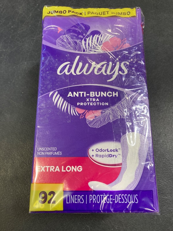Photo 1 of Always Anti-Bunch Xtra Protection, Panty Liners for Women, Light Absorbency, Extra Long Length, Leak guard + Rapid dry, Unscented, 92 Count